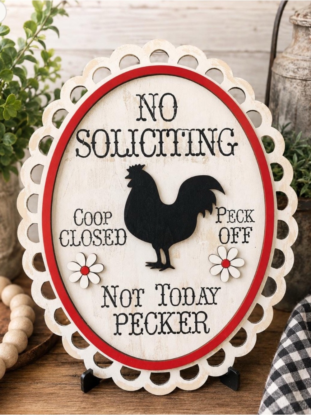 No Soliciting Rooster Wood Plaque - White & Red***PRICE IS FIRM***